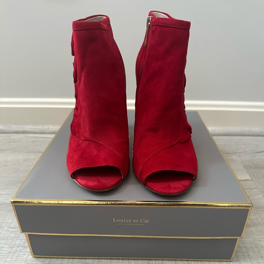 Woman’s Louise et Cie Red Suede Peep Toe Booties, Size 8